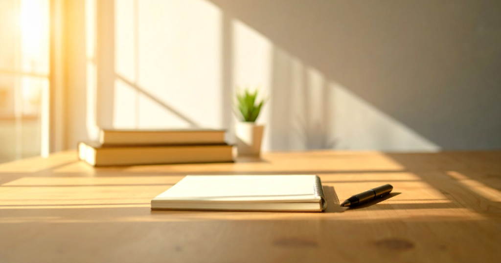 ノートとペンのあるテーブル、昼の光